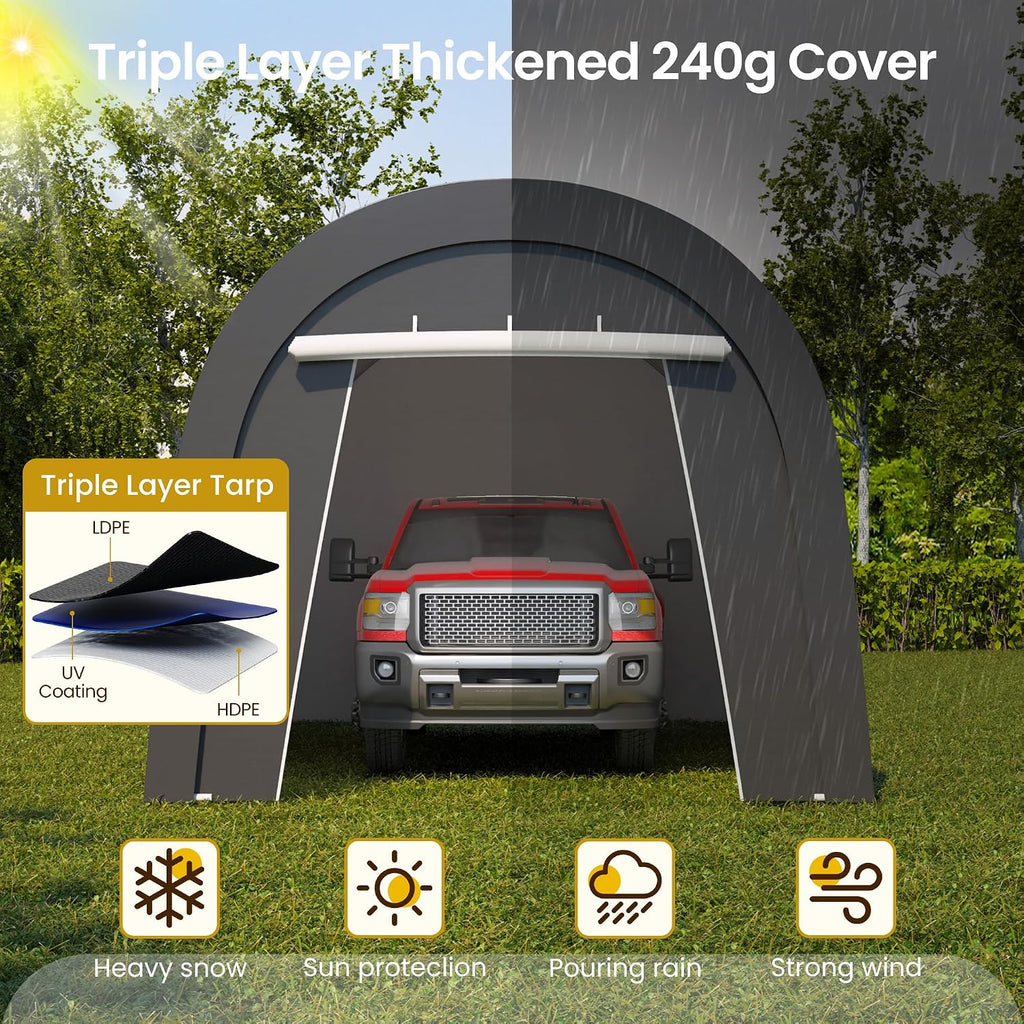Kiss the Water Domed Carport with 4 Cloth Bags, Portable Garage with 2 Roll-up Doors, Heavy Duty Car Canopy Party Tent, All-Season Storage Shelter Shed for Cars, Truck, or Garden Tools, 10' x 20'