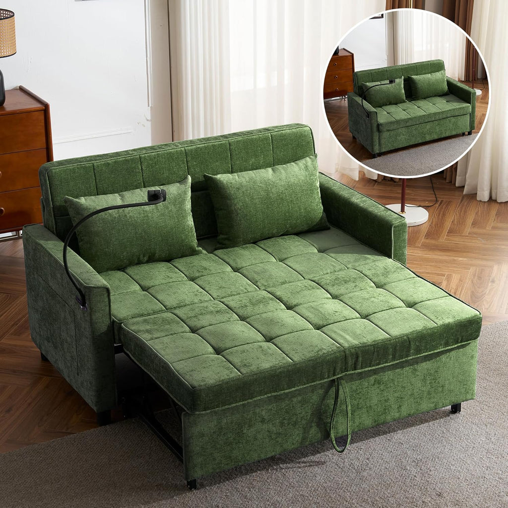 Merax 3 in 1 Convertible Sleeper Sofa Bed, Futon Couches for Living Room with USB Ports | Phone Holder| Reversible Backrest | Pull Out Couch |Small Loveseat, Green