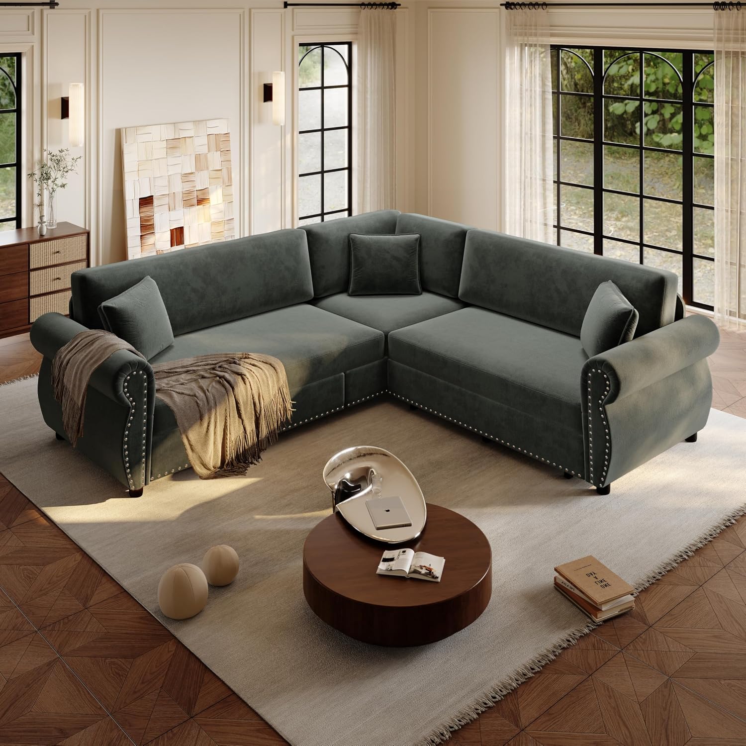 88.2' Sectional Sleeper Sofa with Pull Out Bed - Oversize L-Shaped Convertible Sleeper Couch Bed, Button Tufted Chesterfield Sofa, Chenille Vintage Couches for Living Room(4-Seater, Dark Grey)
