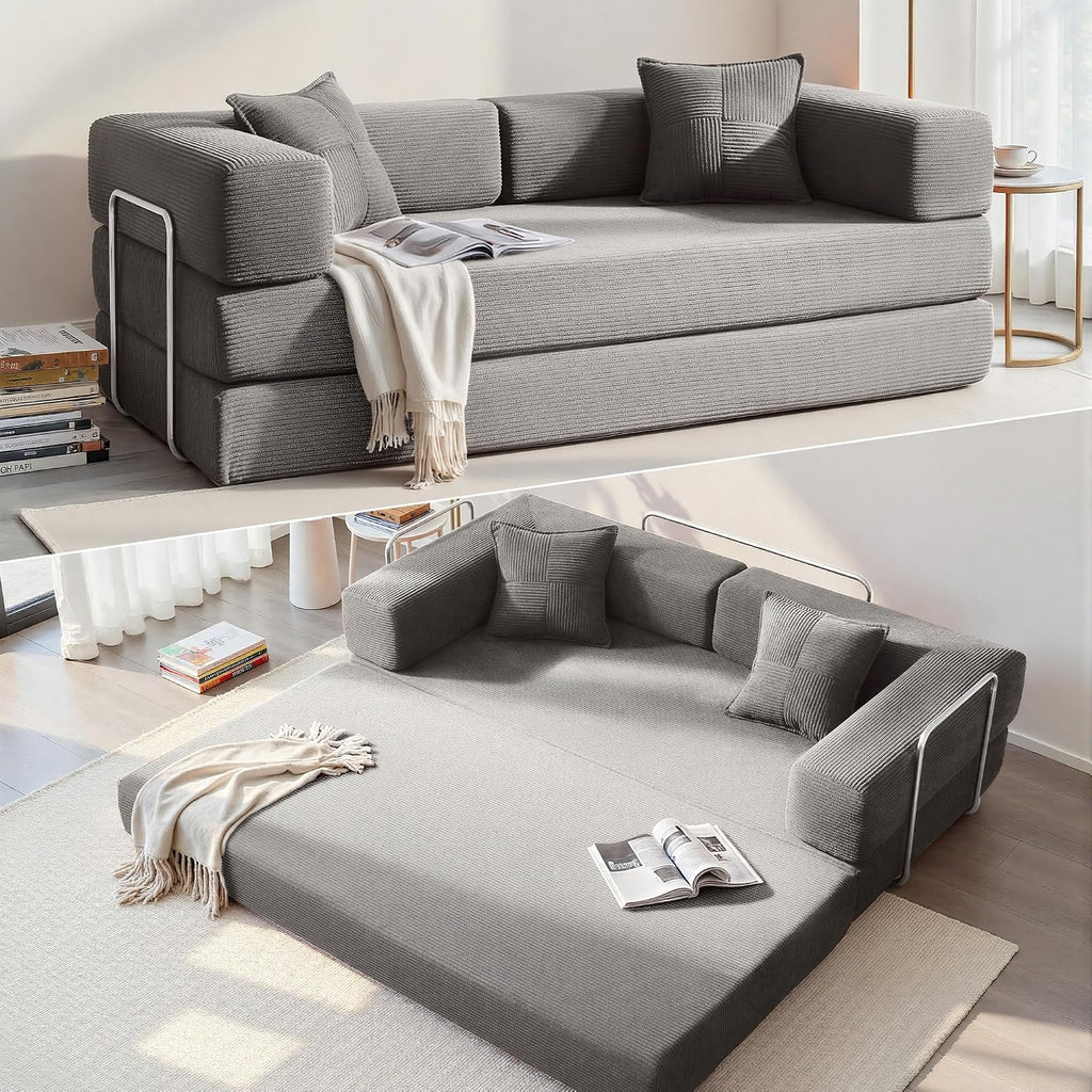 YINIX Foldable Sofa Bed, 78'' Folding Floor Couch, Compressed Convertable Sleeper Sofa, Memory Foam Couch with Pillow Back Support Armrest, 4-in-1 Futon Sofa Bed for Living Room, Grey