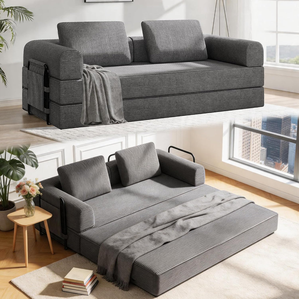 78' Convertible Sofa Bed, 5-in-1 Boneless Sleeper Sofa with with Fixed Frame & Pocket, Corduroy Pull Out Couch with 2 Pillows, Couch Bed for Living Room, Small Spaces, Bedroom, No Assembly