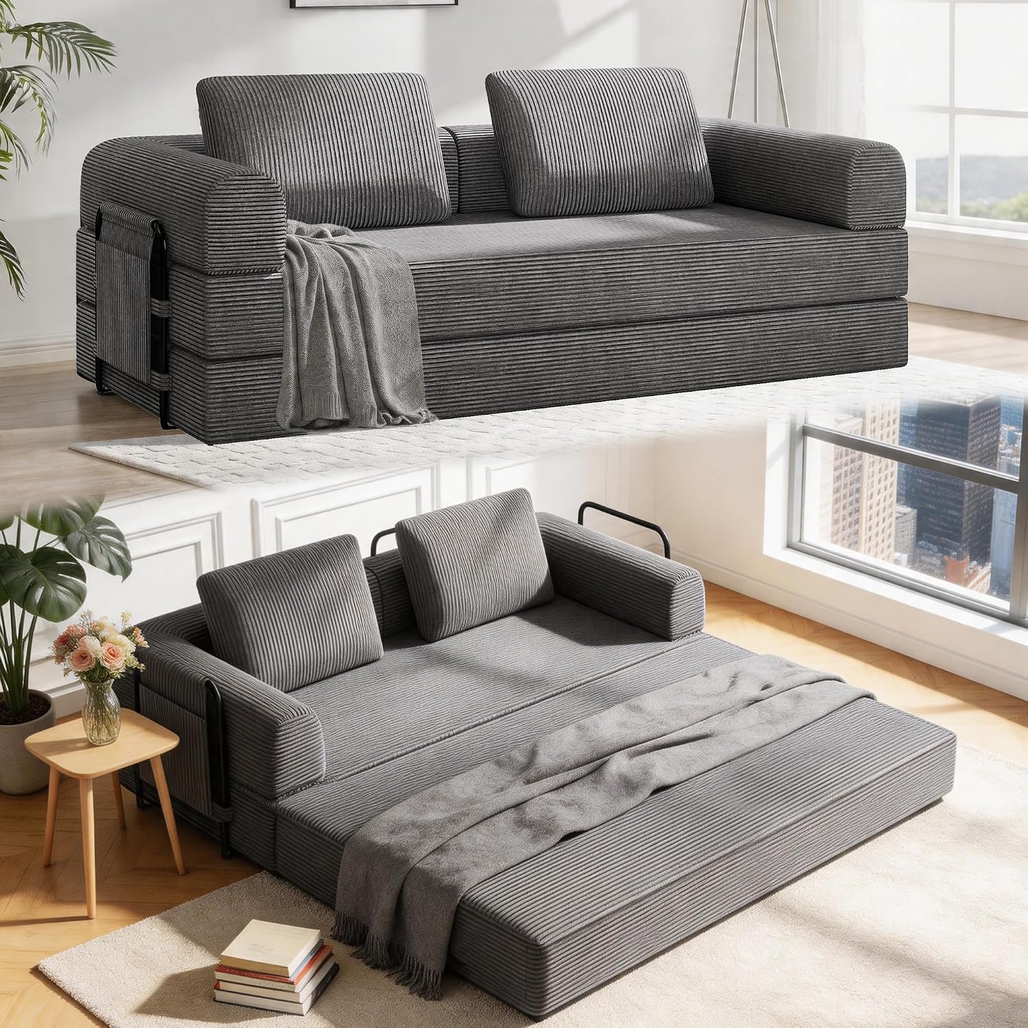 78' Convertible Sofa Bed, 5-in-1 Boneless Sleeper Sofa with with Fixed Frame & Pocket, Corduroy Pull Out Couch with 2 Pillows, Couch Bed for Living Room, Small Spaces, Bedroom, No Assembly