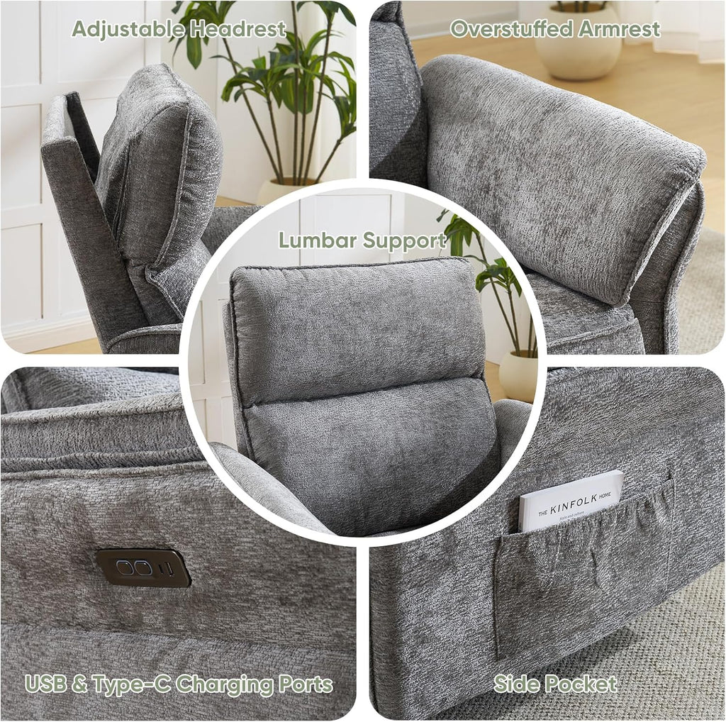 Power Swivel Rocker Recliner, Glider Recliner Nursery Chair with Massage and Heat, Nursery Rocking Chairs with Adjustable Headrest for Living Room，USB Ports,Side Pockets,Chenille Grey