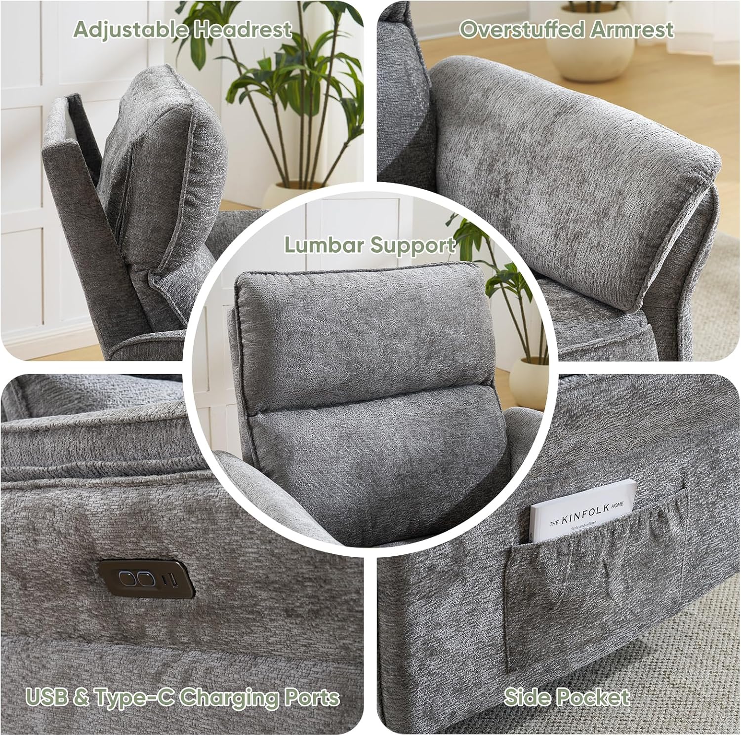 Power Swivel Rocker Recliner, Glider Recliner Nursery Chair with Massage and Heat, Nursery Rocking Chairs with Adjustable Headrest for Living Room，USB Ports,Side Pockets,Chenille Grey