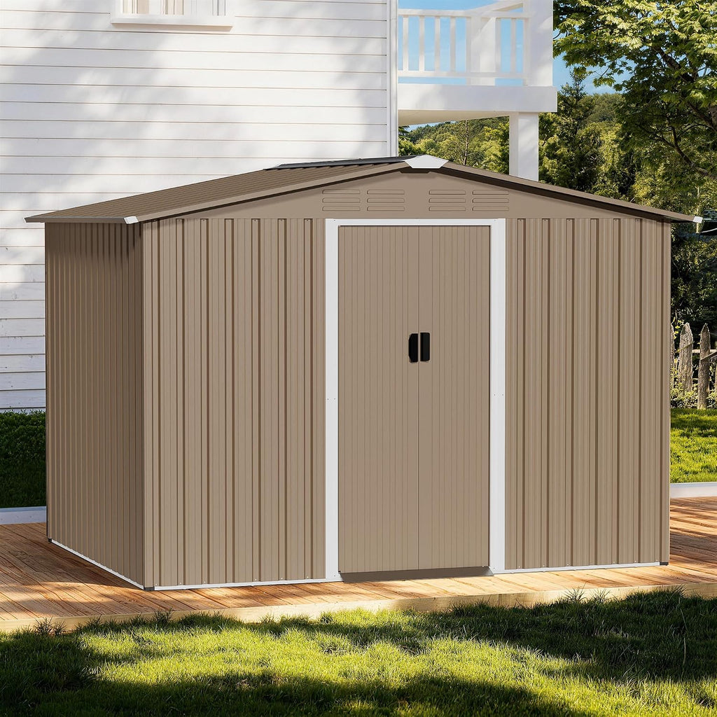8FT x 6FT Outdoor Storage Shed with Floor,Waterproof Lockable Door Metal Tool Shed with Sliding Door and Air Vents,Storage House for Gardening Tools,Metal Storage Shed for Garden,Backyard,Lawn