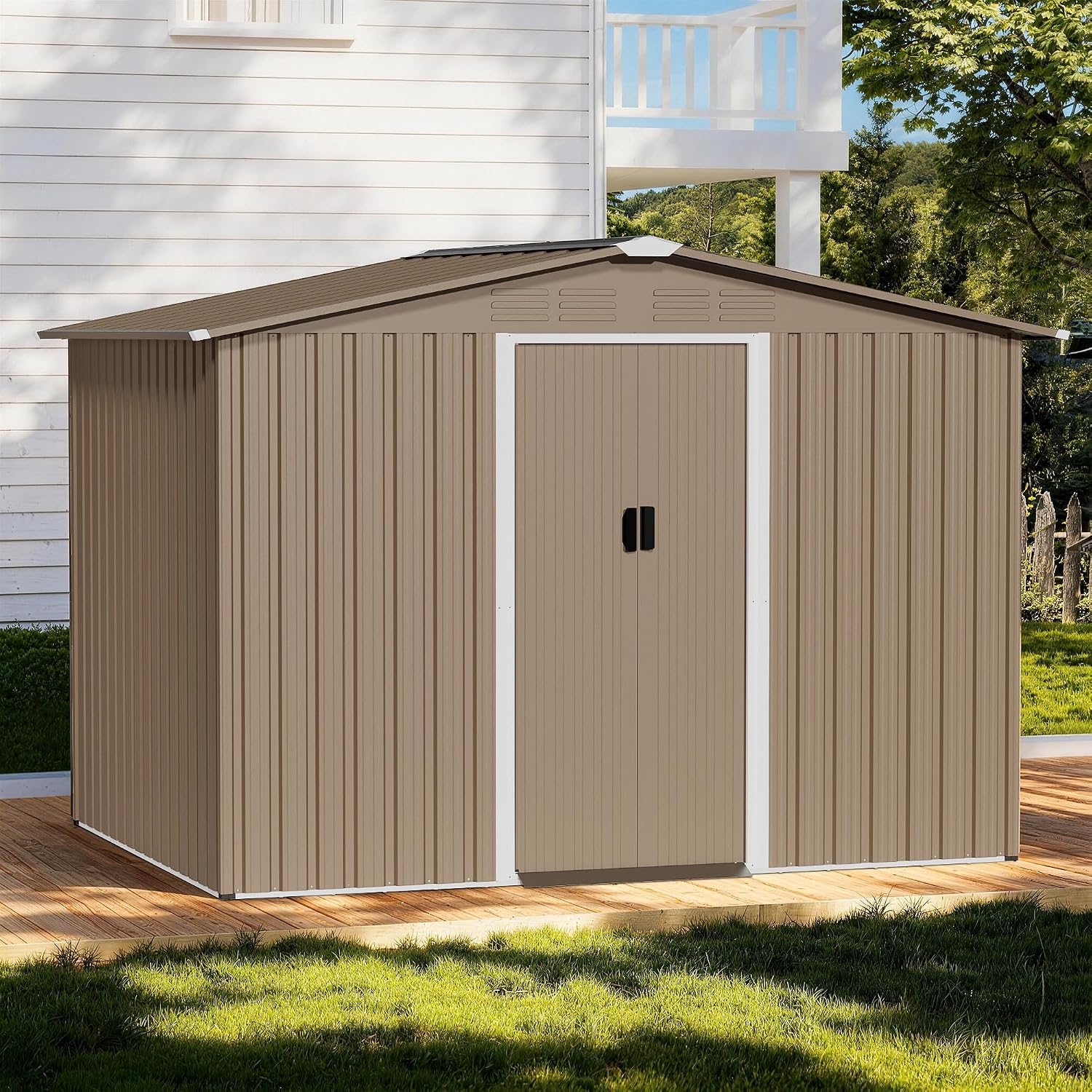 8FT x 6FT Outdoor Storage Shed with Floor,Waterproof Lockable Door Metal Tool Shed with Sliding Door and Air Vents,Storage House for Gardening Tools,Metal Storage Shed for Garden,Backyard,Lawn