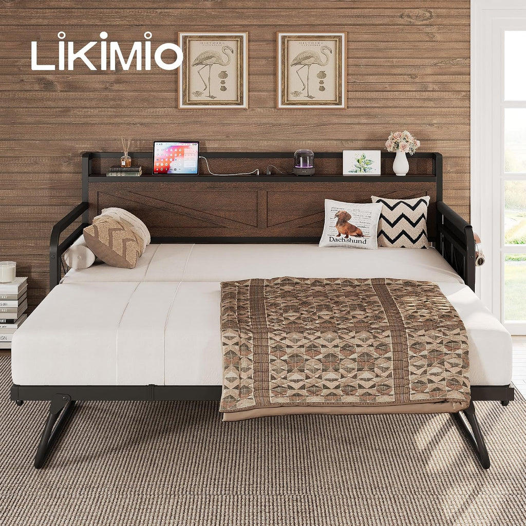 LIKIMIO Twin Daybed, Day Beds with Pop Up Trundle, Storage Headboard with Charging Station, Strong Supports for Apartment and Other Small Space, Dark Brown