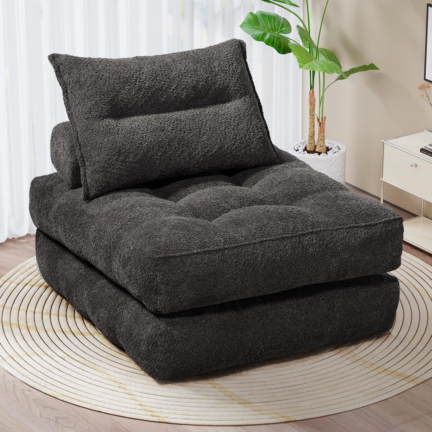 MONVANE Folding Sofa Bed, Fold Out Chair Bed with Pillow, Convertible Sleeper Chair for Living Room/Small Spaces, Foldable Lazy Sofa Bed Floor Chair, Comfy Teddy Velvet Couch Bed, Dark Grey