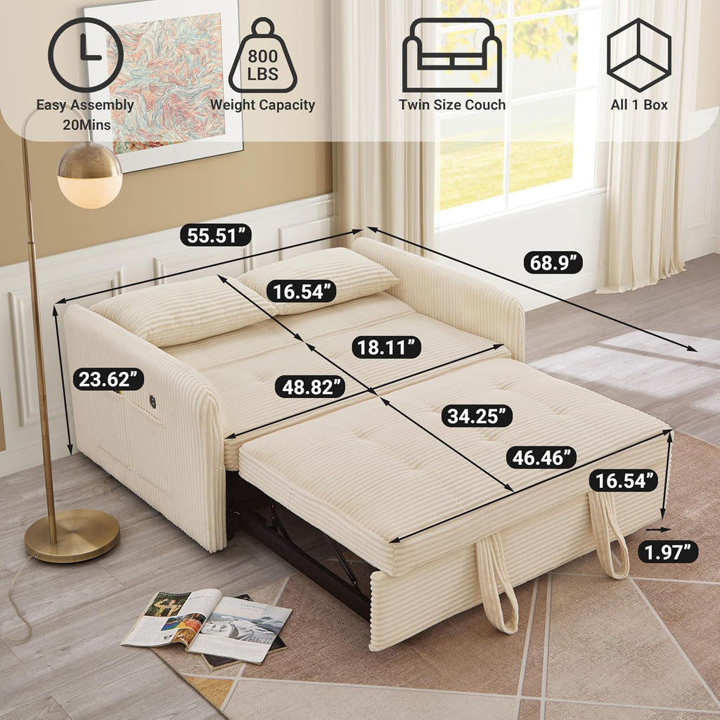 55.5' Corduroy Convertible Sofa Bed, Pull Out Sleeper Sofa Bed, Loveseat Couch with USB Charging Ports, 3 in 1 Convertible Sleeper Sofa Bed for Living Room, Apartment, Bedroom, RV, Beige