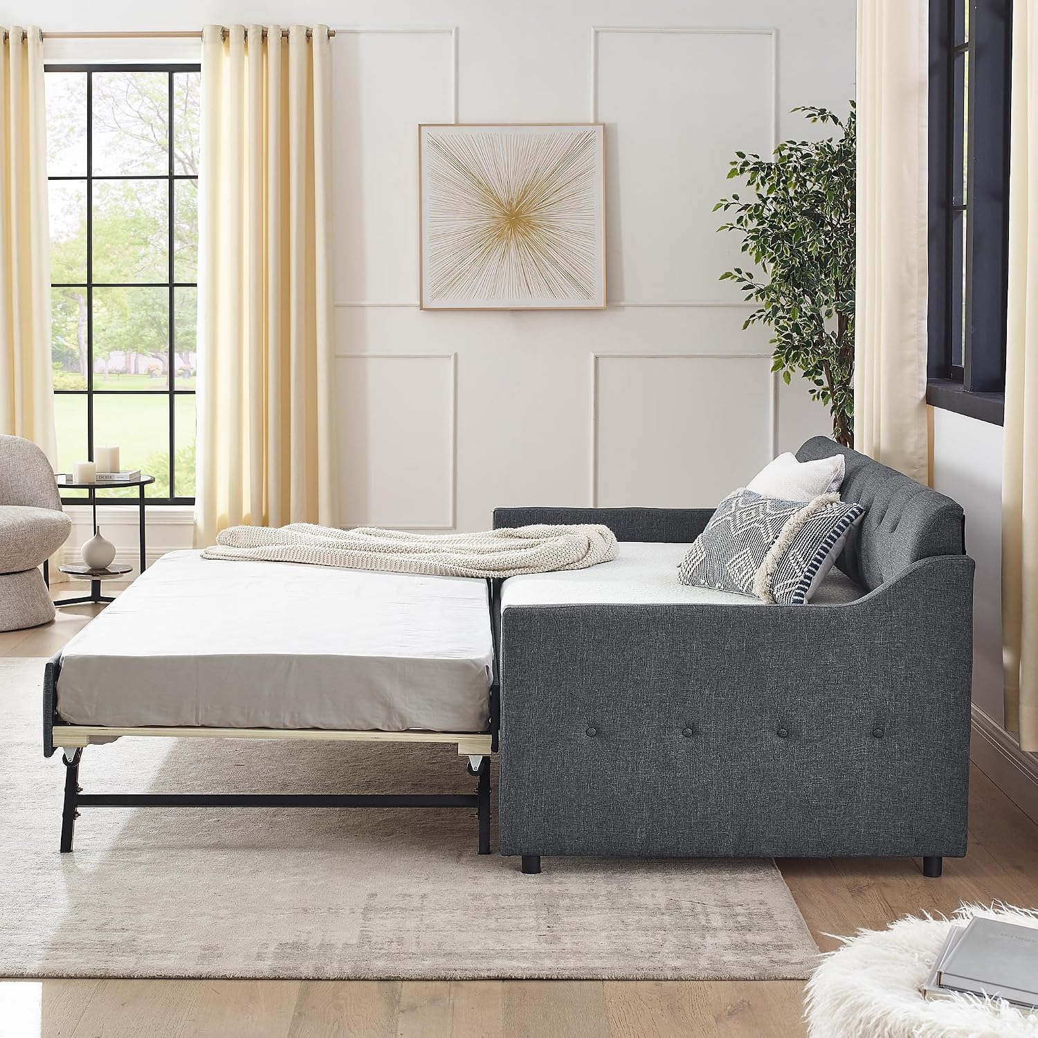 KEIKI Twin Size Upholstery Daybed with Trundle and USB Charging Design, Twin to King Design Mid-Century Extendable Sofa Bed, Easy Assembly, No Box Spring Required, for Living Room, Bedroom, Dark Grey