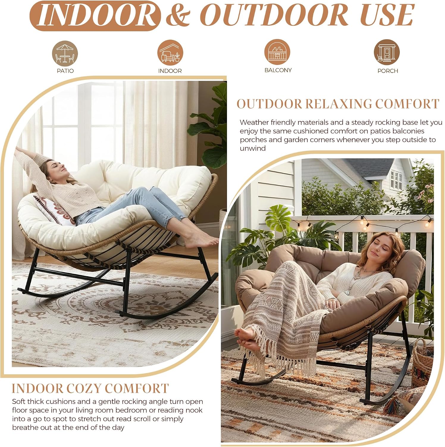 BULEXYARD Oversized Rocking Egg Chair Indoor Outdoor, Wicker Royal Papasan Rocking Chair with Beige Thick Cushion, 450 Lbs Heavy Duty Comfy Recliner Lounge Rocker for Balcony, Porch, Backyard, Lawn