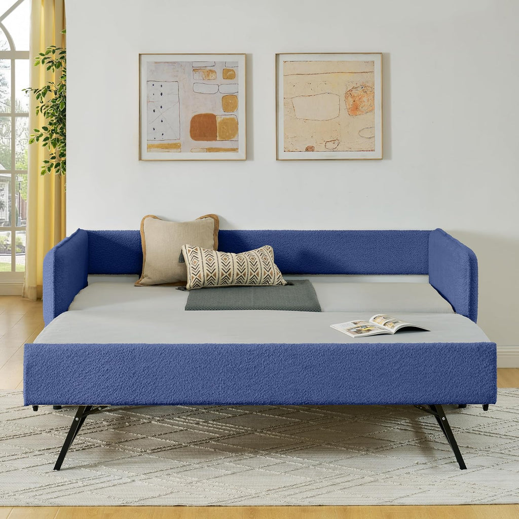 KEIKI Twin Size Upholstery Tufted Daybed with Erectable Trundle, Twin to King Design Modern Extendable Boucle Sofa Bed, Easy Assembly, No Box Spring Required, for Living Room and Bedroom, Blue