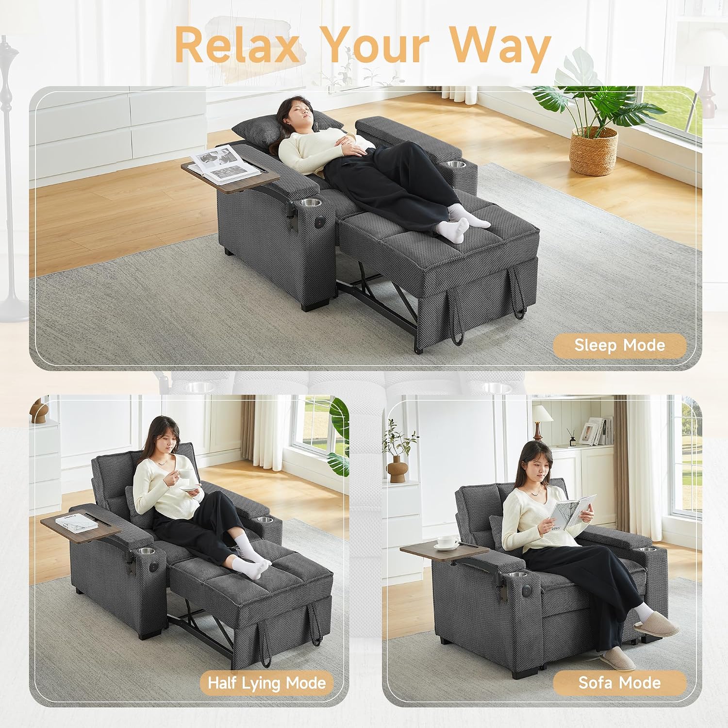 Large Size Convertible Sleeper Chair Futon Sofa Bed, Comfortable thick cushion Single Sleeper Sofa Handheld storage and Adjustable Backrest | Reading Chair with Rotating small table (dark gray)