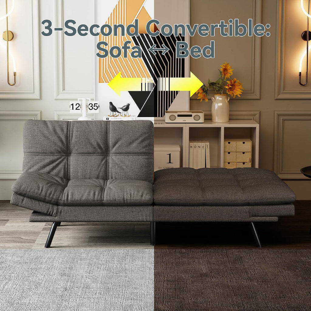 Futon Sofa Bed Convertible Couch, Grey Linen Sofa Bed with Memory Foam, Adjustable Backrest & Armrests, Multifunctional Small Loveseat Sleeper Sofa for Living Room, Apartment, Office