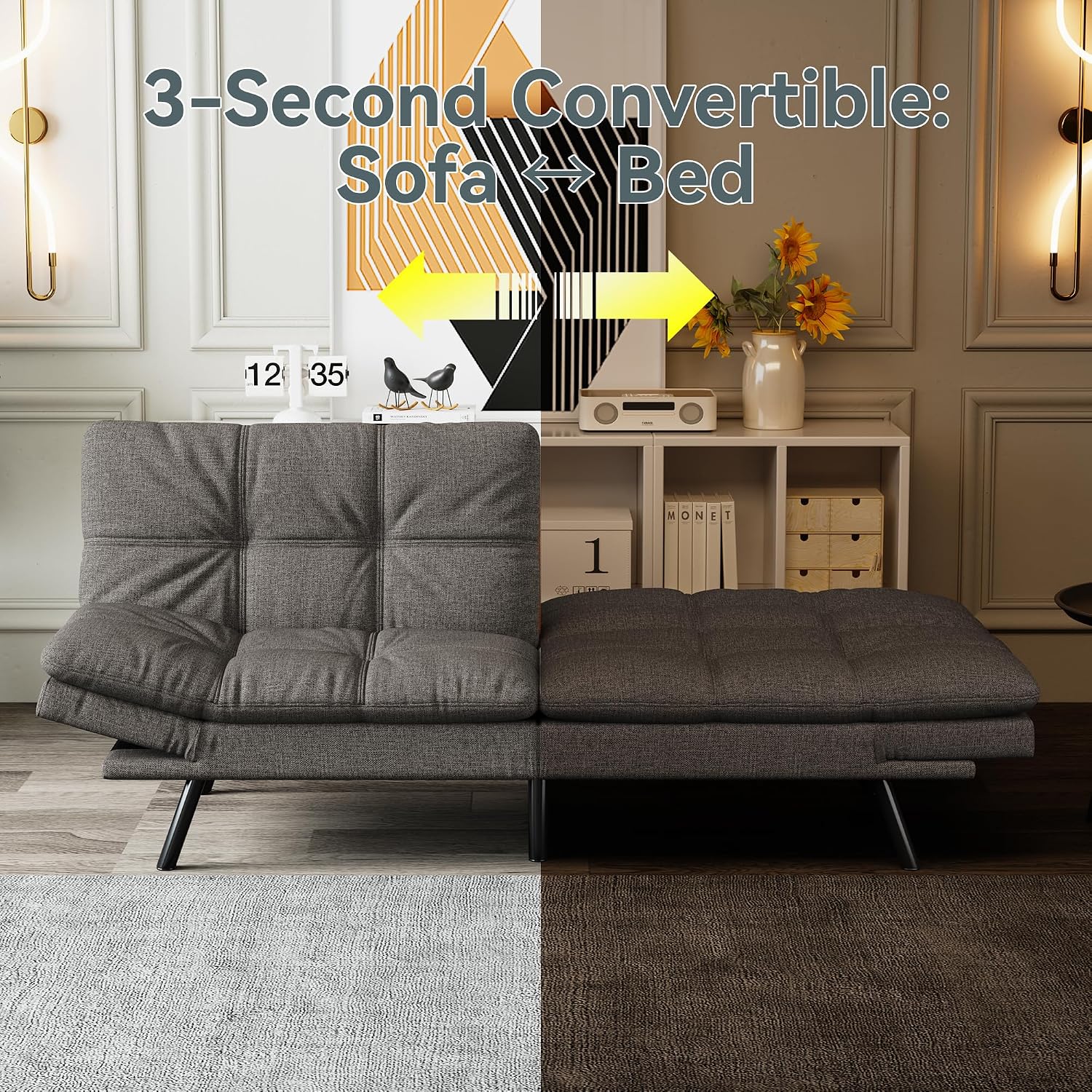 Futon Sofa Bed Convertible Couch, Grey Linen Sofa Bed with Memory Foam, Adjustable Backrest & Armrests, Multifunctional Small Loveseat Sleeper Sofa for Living Room, Apartment, Office