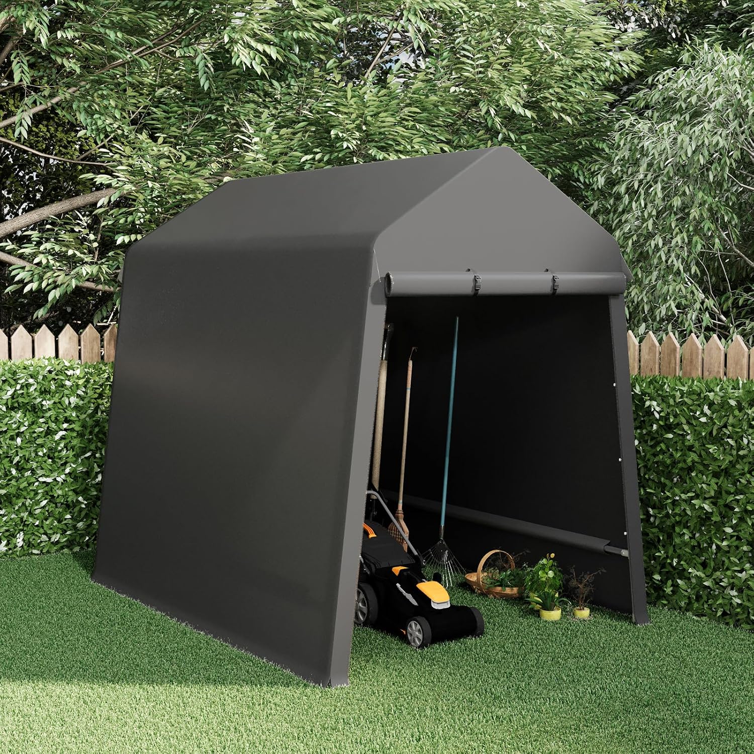 GarveeLife 6X8 ft Heavy Duty Outdoor Shed,Portable Storage Shed,with 2 Rolled Up Zipper Doors,Vents Carports & Waterproof Cover Temporary Shelter for Motorcycle,Gardening Tools and Generator(Black)