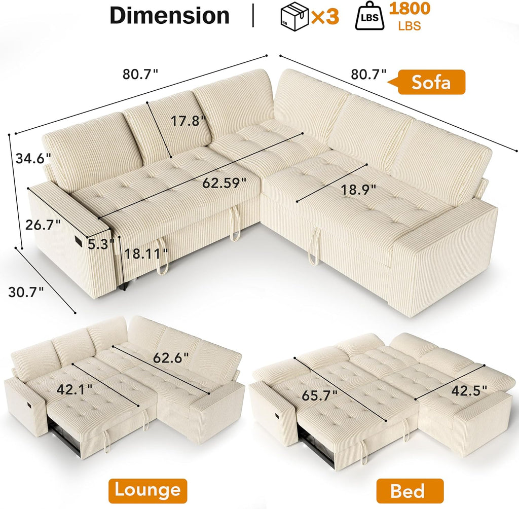 Vipbear Pull Out Sofa Bed Sectional Sleeper Sofa with Reclining Backrest & Storage, Plush Pullout Modular Sectional Couches with USB Charging, L Shaped Convertible Couch Bed for Apartment, Beige | Breathable material, Tool-Free Assembly