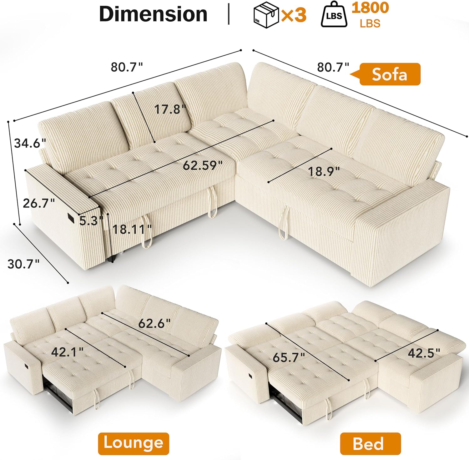 Vipbear Pull Out Sofa Bed Sectional Sleeper Sofa with Reclining Backrest & Storage, Plush Pullout Modular Sectional Couches with USB Charging, L Shaped Convertible Couch Bed for Apartment, Beige | Breathable material, Tool-Free Assembly