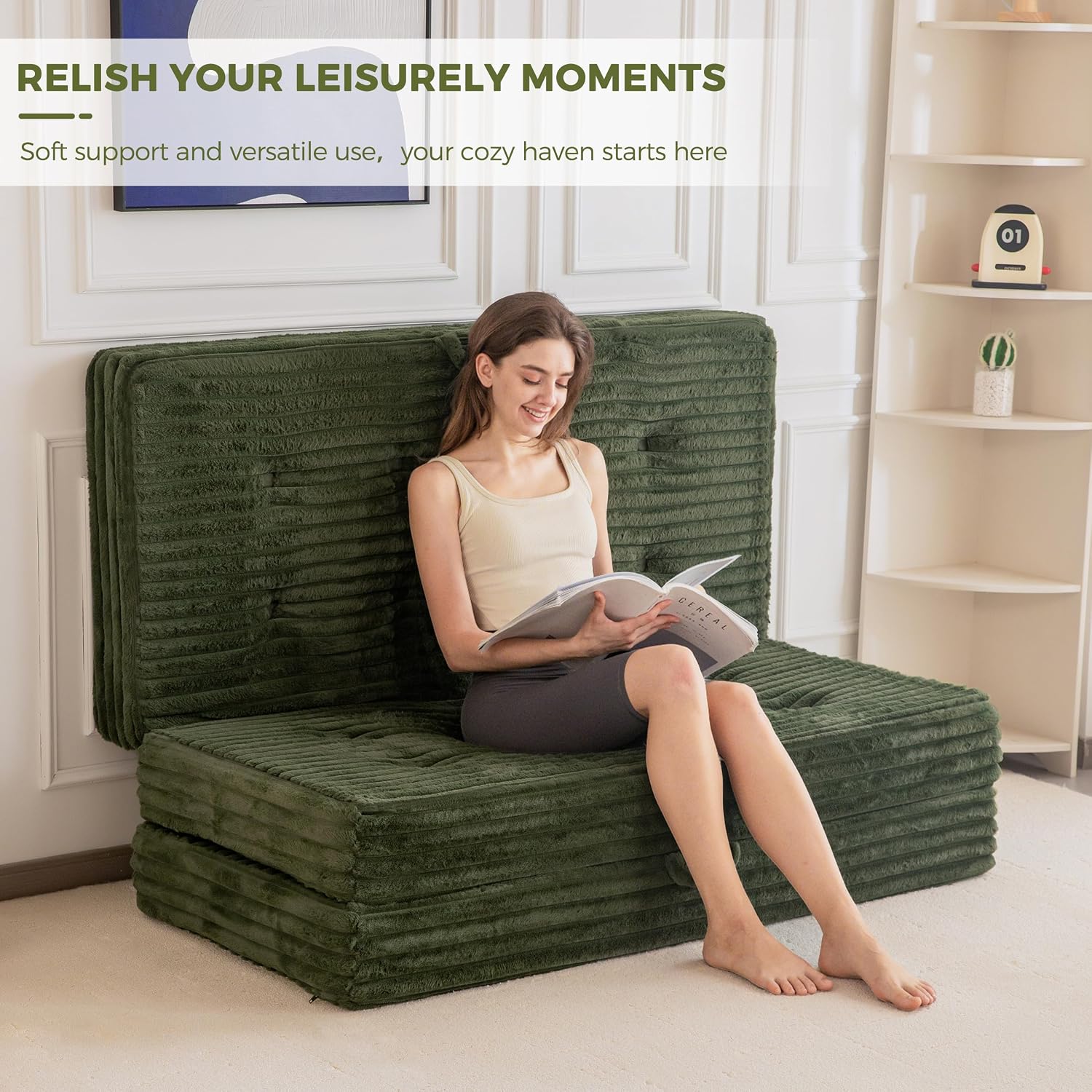 MAXYOYO Floor Sofa Couch, 6 Inch Tri-Fold Floor Sofa Bed, Folding Mattress with Handles, Soft Faux Fur Folding Bed with Supportive Foam Filling, Portable Couch for Living Room, Full, Dark Green