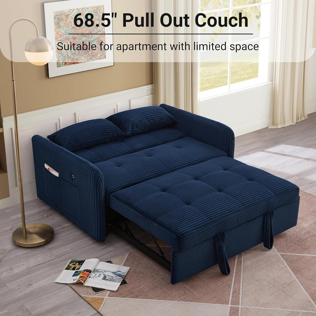 55.5' Corduroy Convertible Sofa Bed, Pull Out Sleeper Sofa Bed, Loveseat Couch with USB Charging Ports, 3 in 1 Convertible Sleeper Sofa Bed for Living Room, Apartment, Bedroom, RV, Blue