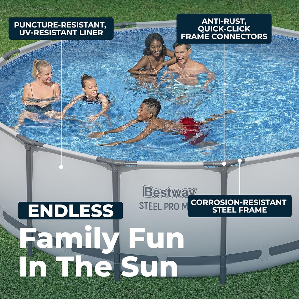 Bestway Steel Pro MAX 15' x 48' Above Ground Pool, Round Metal Frame Outdoor Swimming Pool Set with Filter Pump, Ladder, and Cover, Gray