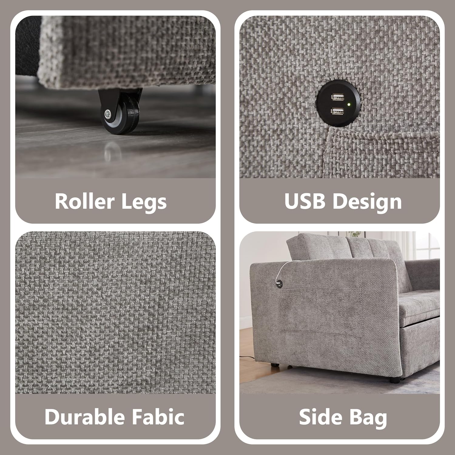 57.48' Convertible Sofa Bed with Cup Holder, Pull Out Sleeper Sofa Bed with USB Charging Ports, 3 in 1 Convertible Sleeper Sofa Bed for Living Room, Apartment, Bedroom, RV, Grey