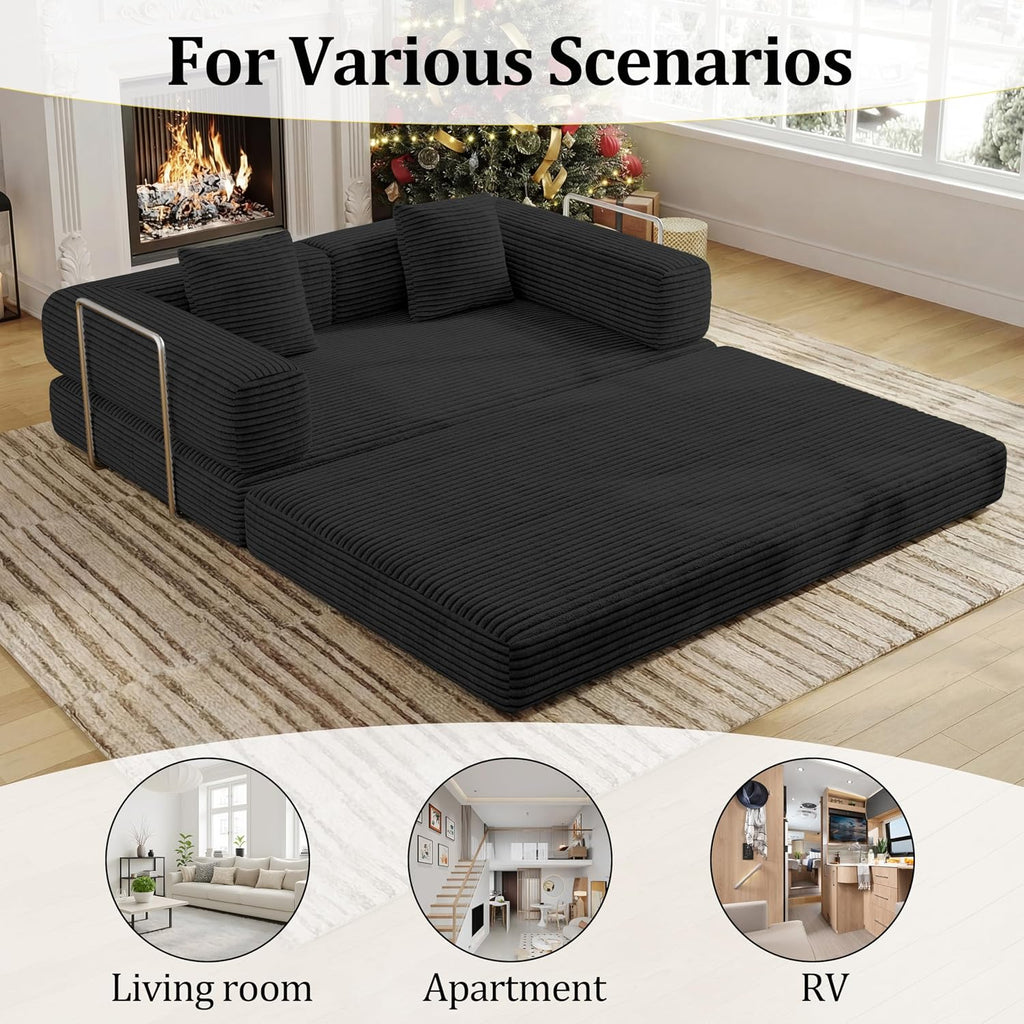 4-in-1 Foldable Sofa Bed Teddy Foam-Filled Compressed Couch Loveseat Sofa Boneless Foldable Convertible Sleeper Sofa Couch for Space Saving Living Room, Guest Bed, Playroom (Black, 53.15'Double Sofa)