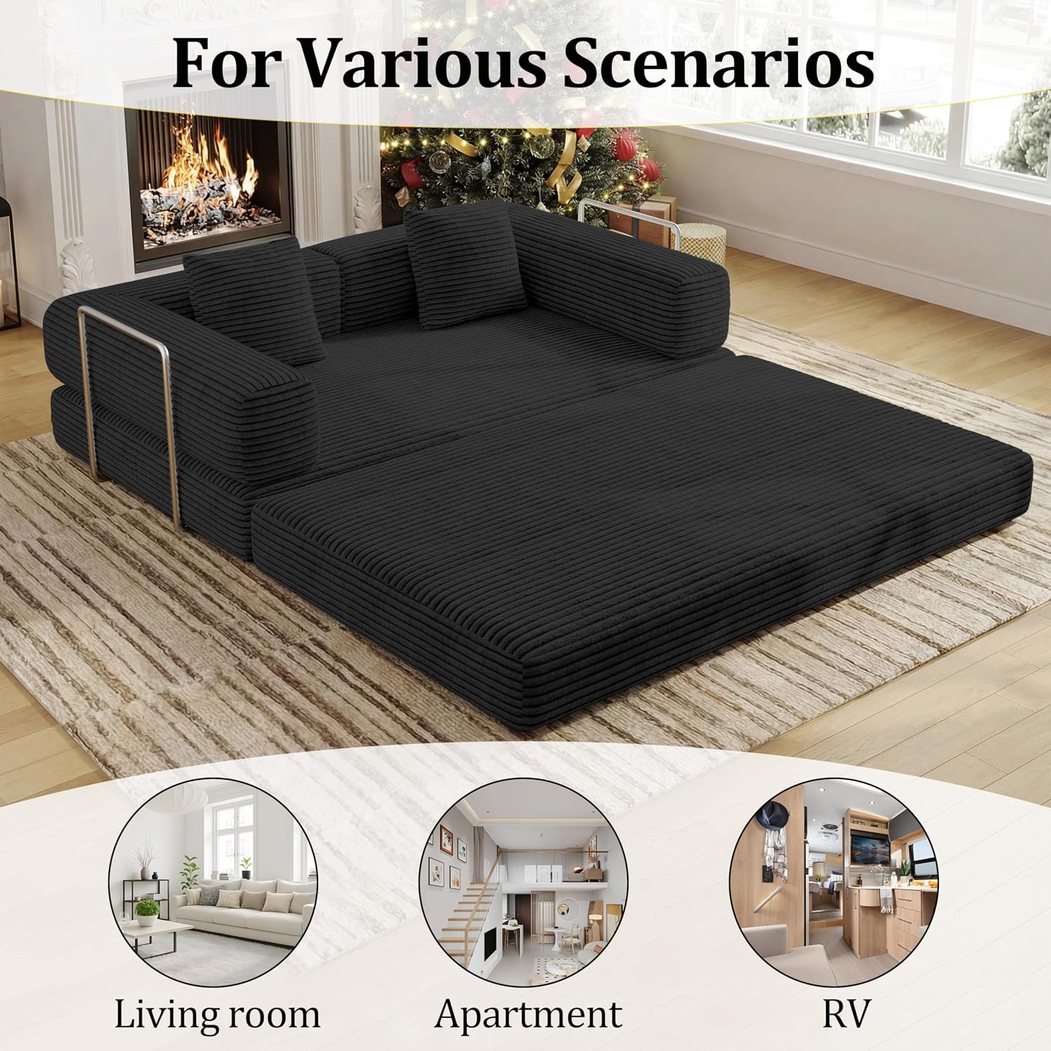 4-in-1 Foldable Sofa Bed Teddy Foam-Filled Compressed Couch Loveseat Sofa Boneless Foldable Convertible Sleeper Sofa Couch for Space Saving Living Room, Guest Bed, Playroom (Black, 53.15'Double Sofa)