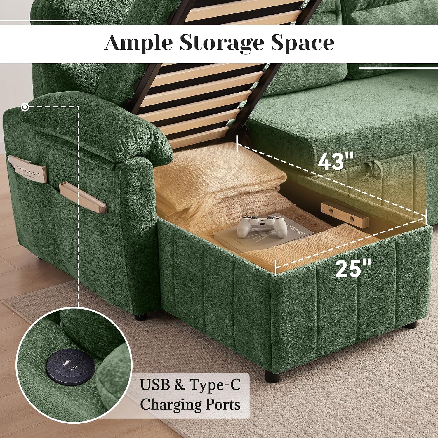 Tbfit 84'' Sleeper Sofa Bed, 3 in 1 Cloud Pull Out Sofa Couch with USB & Storage Chaise, Chenille Convertible Sofa Bed with Pull Out Bed, Couches for Living Room, Apartment, Office, Green
