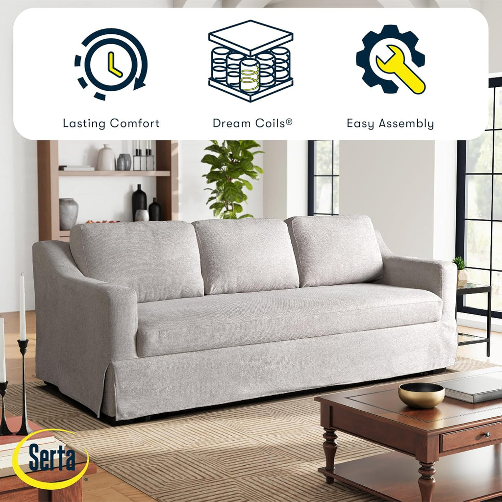 Serta® Hawthorne 90.6' Slipcovered Queen-Size Convertible Pop-up Sofa, Dreamcoil® Comfort, Woven Polyester Blend Fabric, Linen