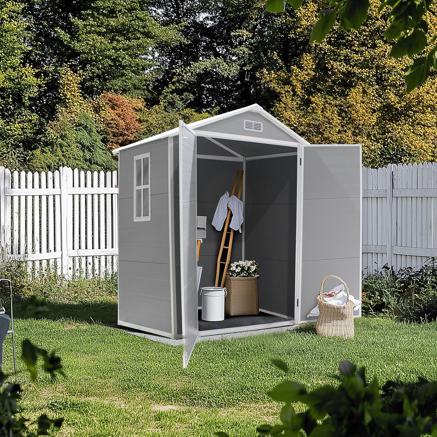 VINGLI 6x4.5 FT Outdoor Plastic Storage Shed, Patio Storage Bins with Weatherproof, Lockable Design with Large Capacity for Garden Tools, Light Grey