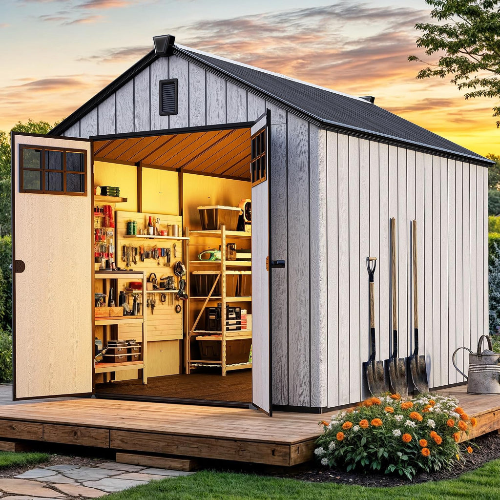 YITAHOME Large Outdoor Storage Shed 8x10 Ft, Extra Thick Plastic Storage Sheds with Floor, Lockable Doors, Vision Grid Windows, Vents, 16mm Heavy Duty Garden Storage for Bikes Mowers and Tools, Gray