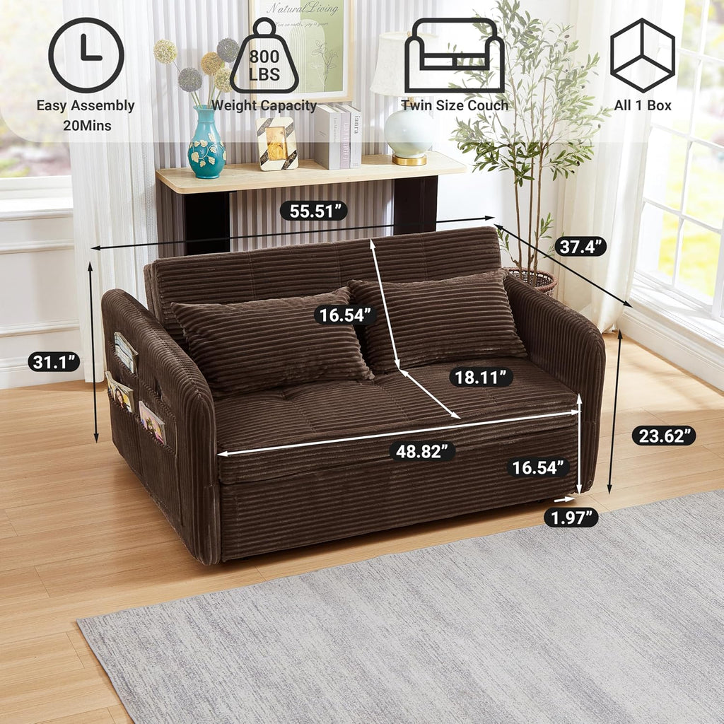 55.5' Corduroy Convertible Sofa Bed, Pull Out Sleeper Sofa Bed, Loveseat Couch with USB Charging Ports, 3 in 1 Convertible Sleeper Sofa Bed for Living Room, Apartment, Bedroom, RV, Beige