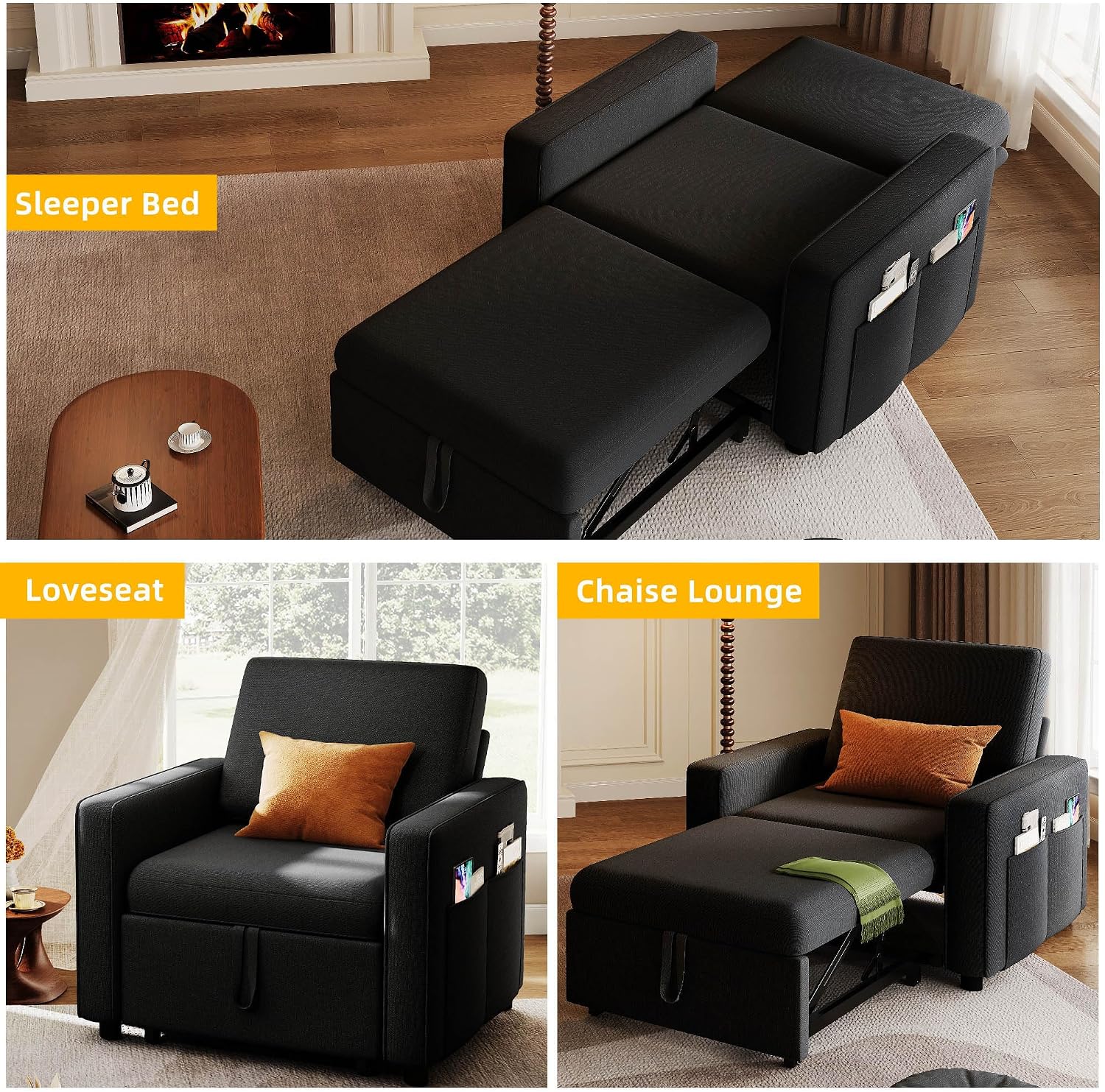 YITAHOME Convertible Sofa Chair Bed, 3-in-1 Sleeper Sofa with Pull-Out Bed, Linen Fabric Single Sleeper Chair with Reclining Backrest and Wide Armrest, Modern Lounge Sofa for Small Space, Black