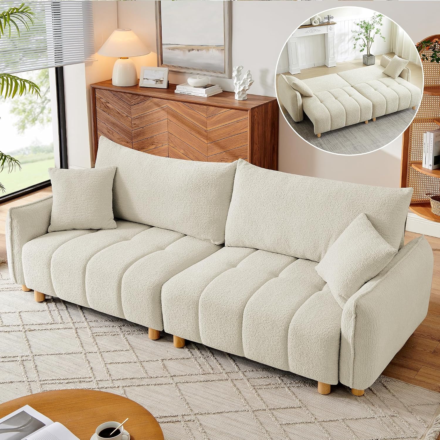 Mofolit Sleeper Sofa Bed Convertible Couch with Storage in Chenille Fabric Loveseat for Living Room Apartment and Small Spaces(Cream)