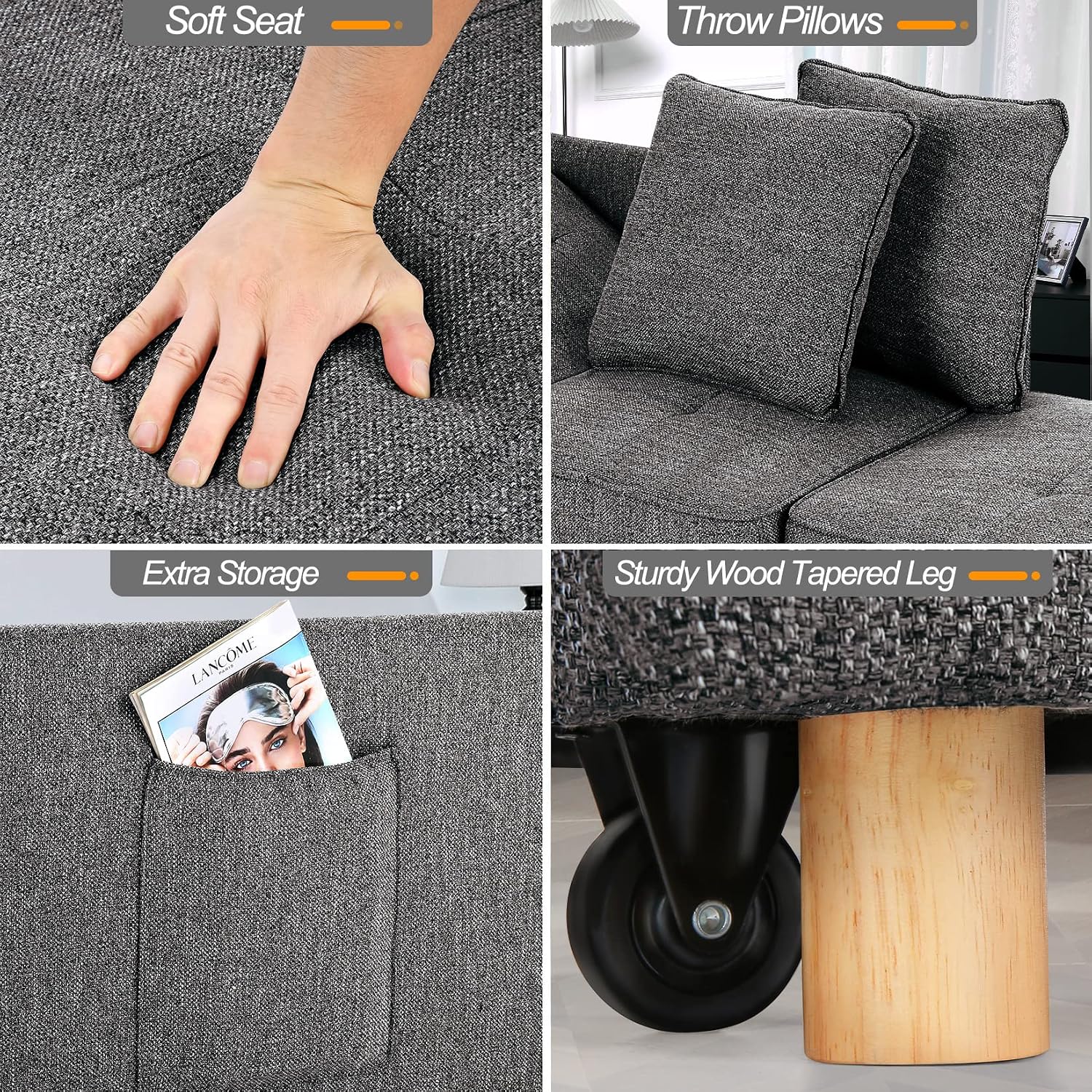 SEJOV Sofa Bed 4-in-1 Convertible Sofas & Couches, 3-Seat Linen Fabric loveseat Sofa with 2 Throw Pillow, Single Recliner for Small Space with 5 Adjustable Backrest, Dark Grey