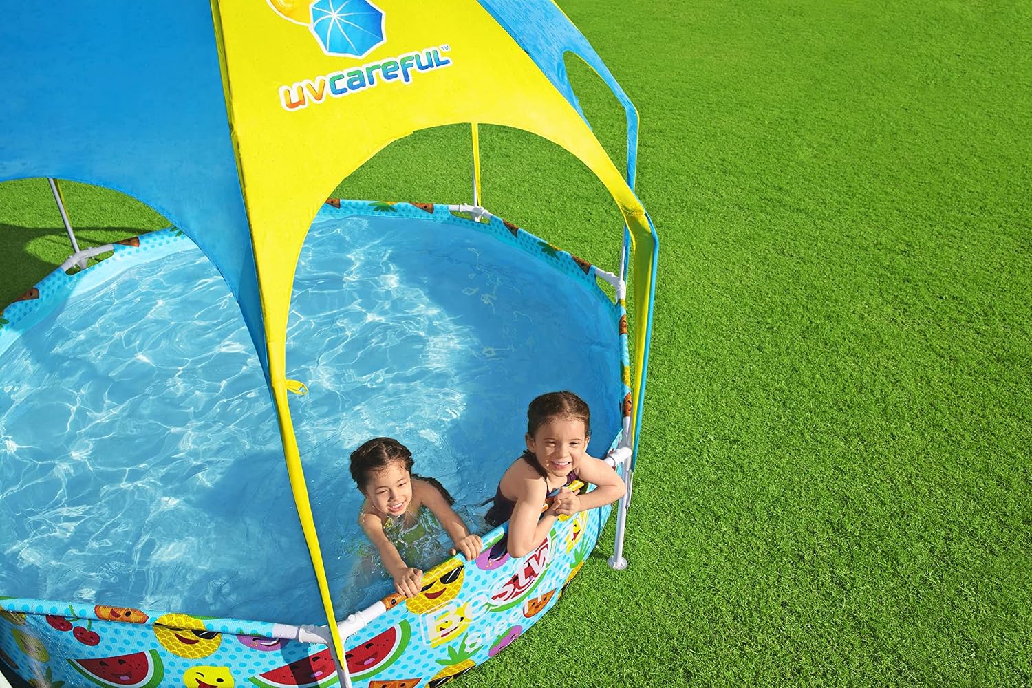 H2OGO! Kids Splash-in-Shade 8-Foot Round Steel Frame Above Ground Pool with Water Mister and Canopy Sunshade, Green Tropical Leaf Print