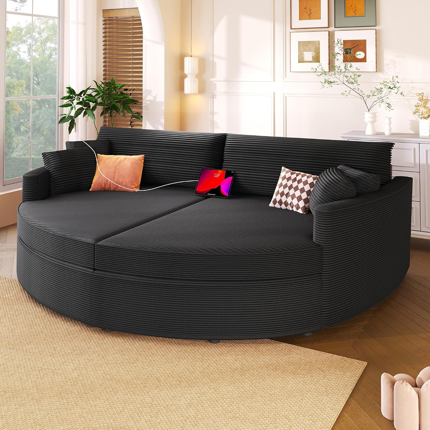 Merax 102.3' Oversized Double Chaise Lounge Indoor, Comfy Corduroy Upholstered Loveseat Sleeper Sofa Bed, Deep Seat Cloud Couch with USB Ports and Throw Pillows for Living Room, Black