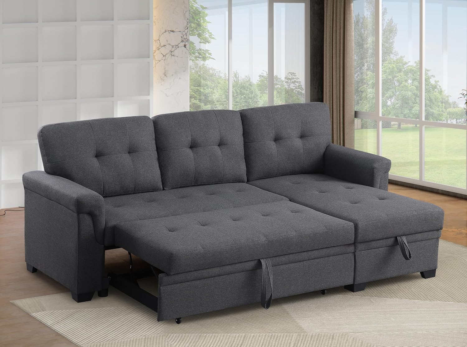 Ball & Cast L-Shape Convertible Sectional Sleeper Sofa Bed,4 in 1 Pull Out Couch with Storage Chaise & Removable Back Cushions,Reversible Sleeper Corner Couch,Pull-Out Sofa Bed for Living Room,Office