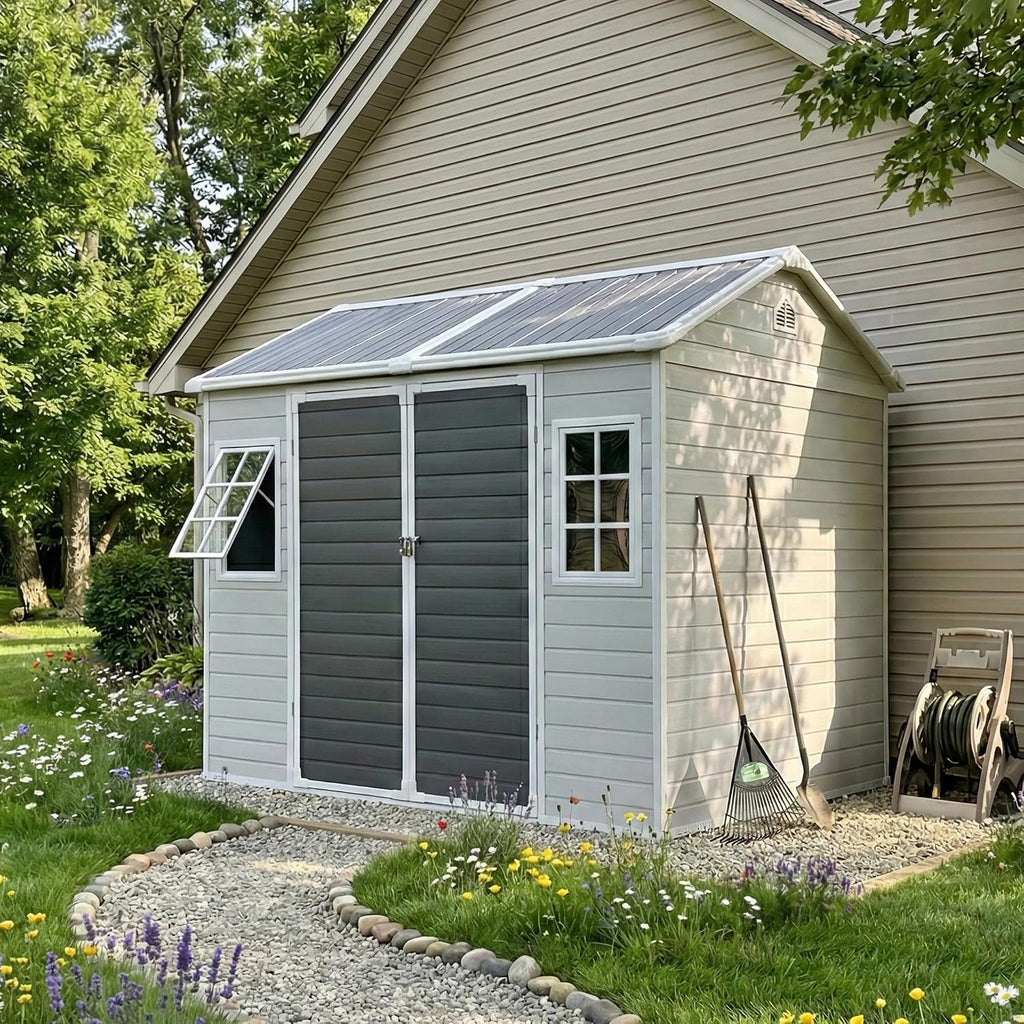 Restland 8x6 FT Resin Storage Shed with Floor & Adjustable Windows Large Outdoor Shed Waterproof Plastic Garden Sheds for Patio, Backyard, Lawn