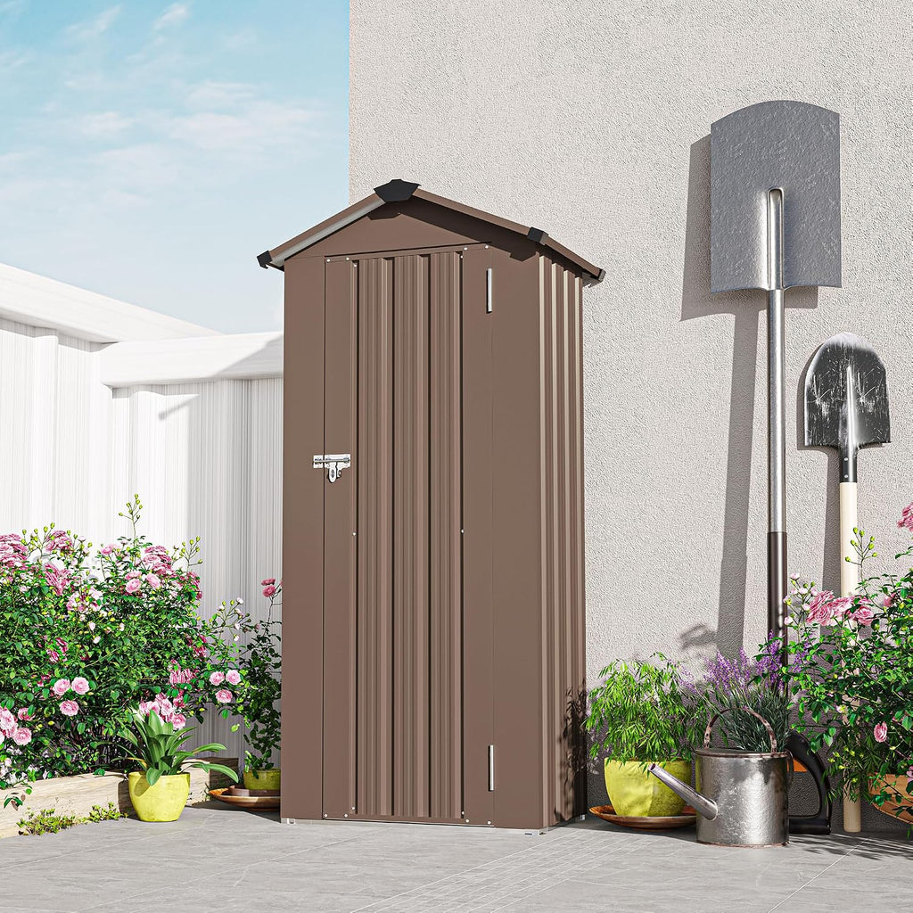 2.5x1.4 FT Outdoor Storage Shed, Small Metal Tool Shed with Waterproof Roof and Lockable Door, Garden Tool Sheds Storage Cabinet for Backyard Patio Lawn, Brown