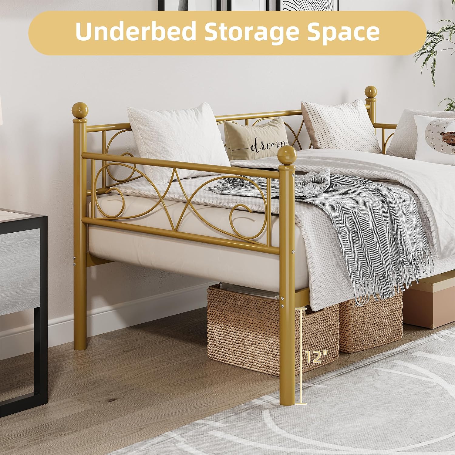 IDEALHOUSE Twin Size Daybed Frame, Metal Sofa Bed Frame, Heavy Duty Metal Slats, Day Bed for Living Room, Bedroom, Guest Room, Space Saving, Gold
