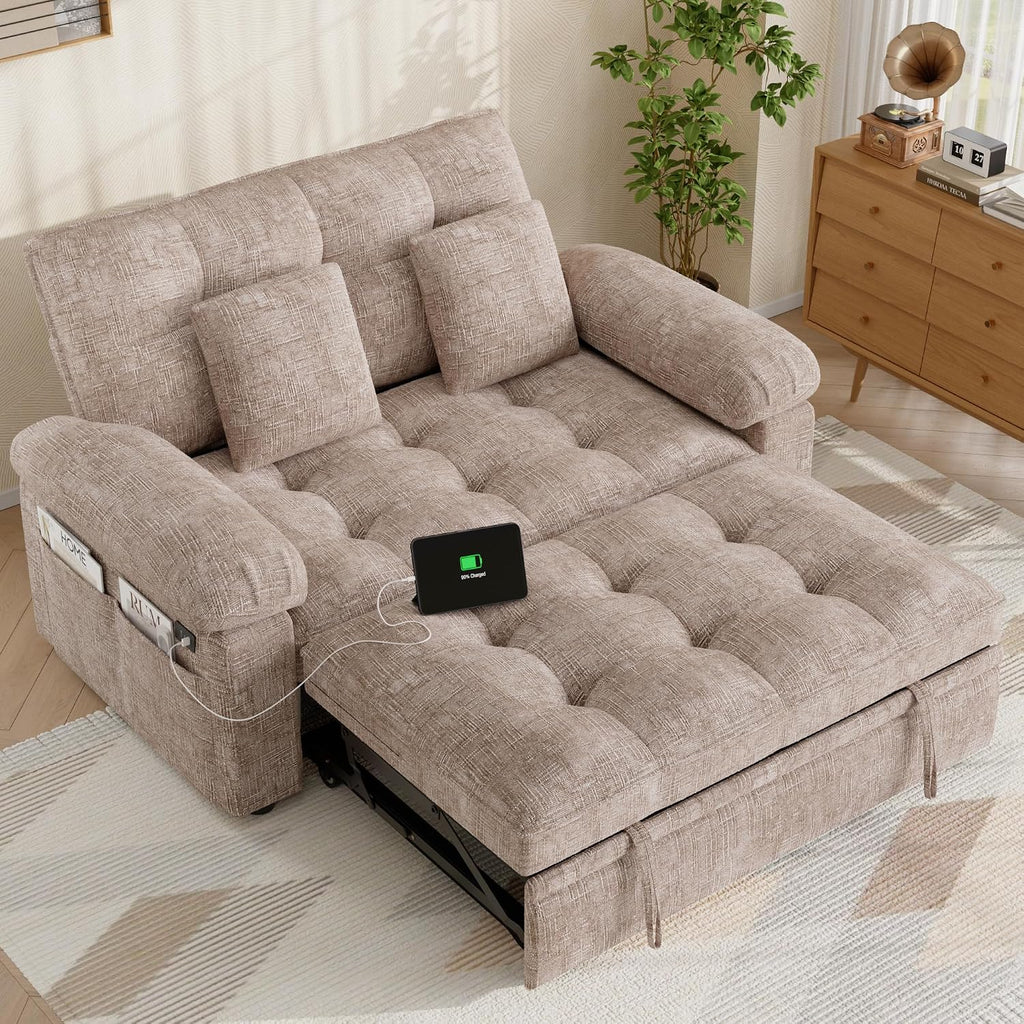 Keyluv 59' Loveseat Sleeper Sofa with USB Ports & Side Pockets, 3 in 1 Convertible Sofa Bed for Living Room/RVs/Camper, Pull Out Couch with Adjustable Backrest, Chenille Khaki
