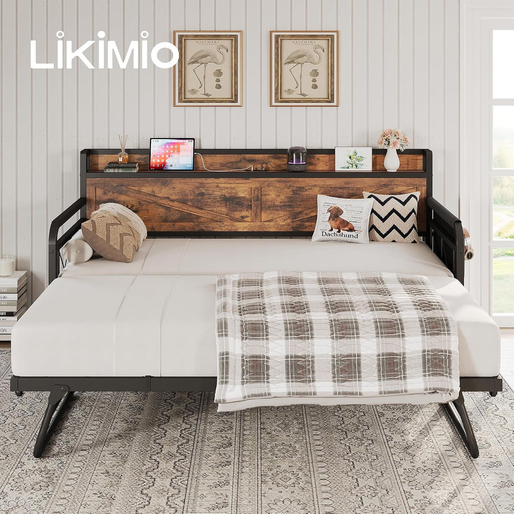 LIKIMIO Twin Daybed, Daybeds with Pop Up Trundle, Storage Headboard with Charging Station, Strong Supports for Apartment and Other Small Space, Industrial Brown