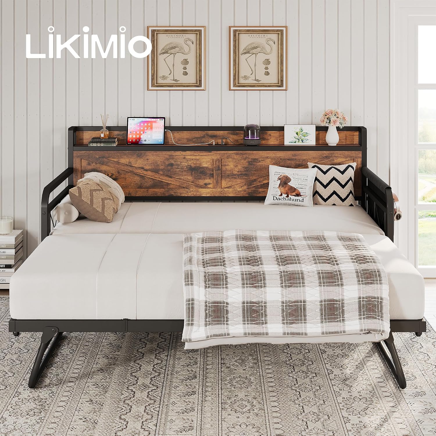 LIKIMIO Twin Daybed, Daybeds with Pop Up Trundle, Storage Headboard with Charging Station, Strong Supports for Apartment and Other Small Space, Industrial Brown