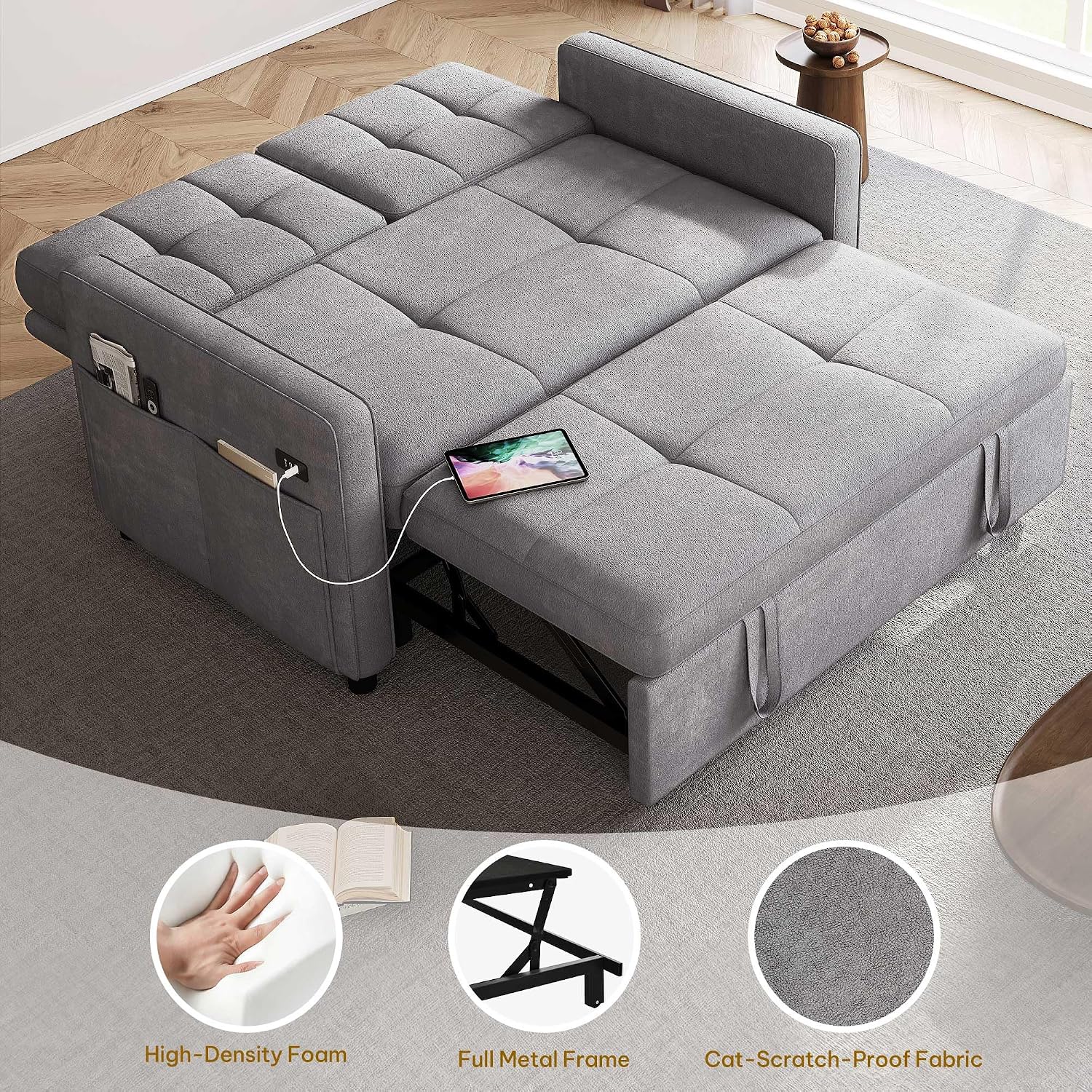 YITAHOME 55' Convertible Sofa Bed, 3-in-1 Sleeper Sofa with Pull-Out Bed, Cat-Scratch-Proof Futon Couch with 5-Levels Reclining Backrest, USB and Side Pocket, Modern Loveseat for Living Room, Grey