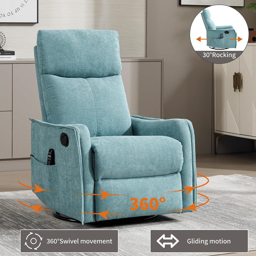 Massage Chair Recliner with Heat, 360° Swivel Glider Rocker with Reclining Backrest and Footrest, Manual Lazy Boy Recliners for Adults, Modern Nursery Rocking Chairs (Antique Blue Green)