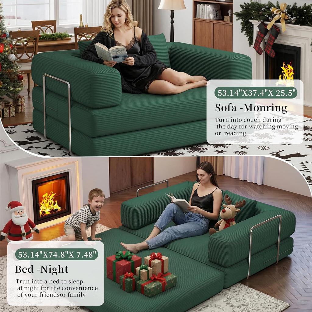 BSHOMGI Folding Sofa Bed Convertible Corduroy Couch Queen Size Floor Sleeper 4-in-1 DIY Combination Modular Lazy Sofas Fold Futon Lounge for Living Room (Green, 53.15' Double Sofa)