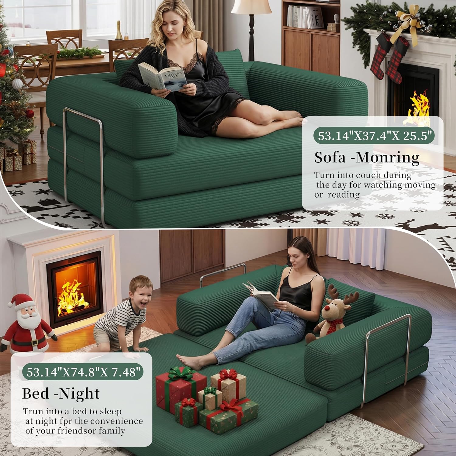 BSHOMGI Folding Sofa Bed Convertible Corduroy Couch Queen Size Floor Sleeper 4-in-1 DIY Combination Modular Lazy Sofas Fold Futon Lounge for Living Room (Green, 53.15' Double Sofa)