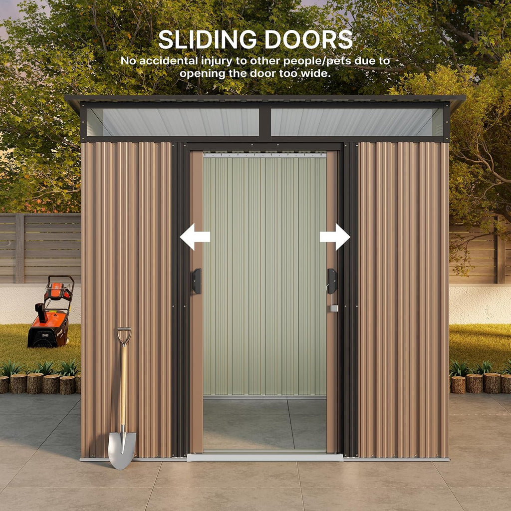 Gizoon 6'x4' Outdoor Storage Shed Metal Garden Shed with Sliding Lockable Doors, Versatile Tool Bike Shed with Transparent Panel Windows, Outdoor Storage Clearance for Backyard, Patio, Light Brown